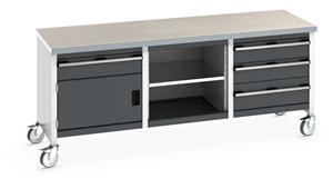 Bott Cubio Mobile Storage Workbench 2000mm wide x 750mm Deep x 840mm high supplied with a Linoleum worktop (particle board core with grey linoleum surface and plastic edgebanding), 4 x drawers (3 x 150mm & 1 x 200mm high), 1 x 350mm high integral... 2000mm Width Mobile Industrial Storage Bench with cupboards & Drawers